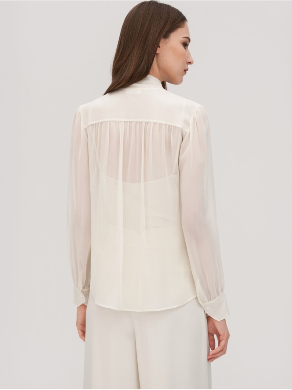 Lilysilk Bow Tie 100% mulberry Silk Jasmine Blouse sheer white tie neck top - Picture 2 of 12